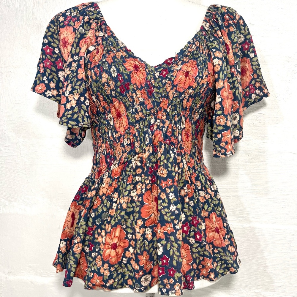 Angie Navy Floral Smocked Peplum Top - Orange & Green Flowers